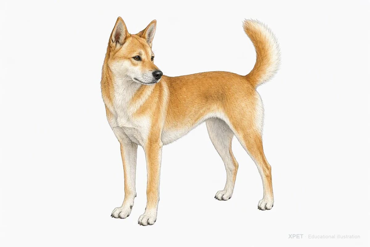 Original XPET engraving and watercolor illustration of Canaan Dog: a complete three-quarter standing view.