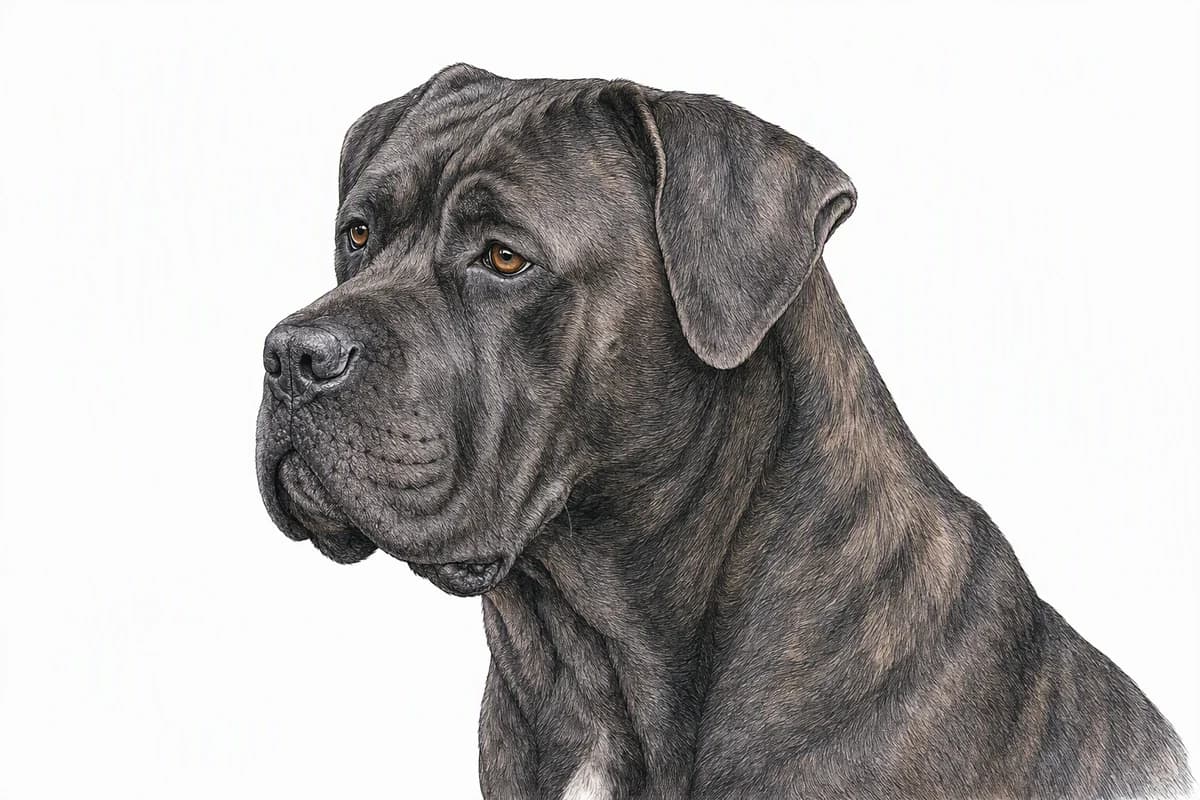 Original XPET engraving and watercolor illustration of Cane Corso: a head and coat detail study.
