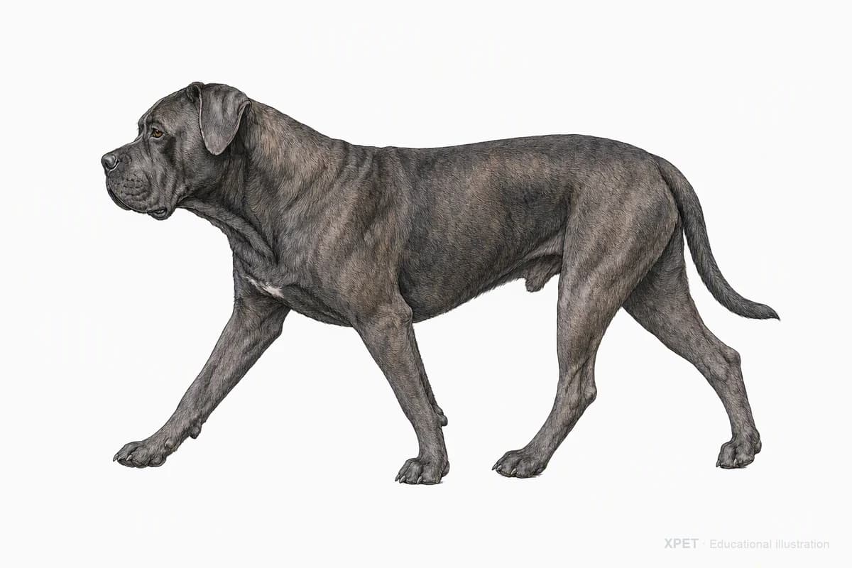 Original XPET engraving and watercolor illustration of Cane Corso: a natural movement study.