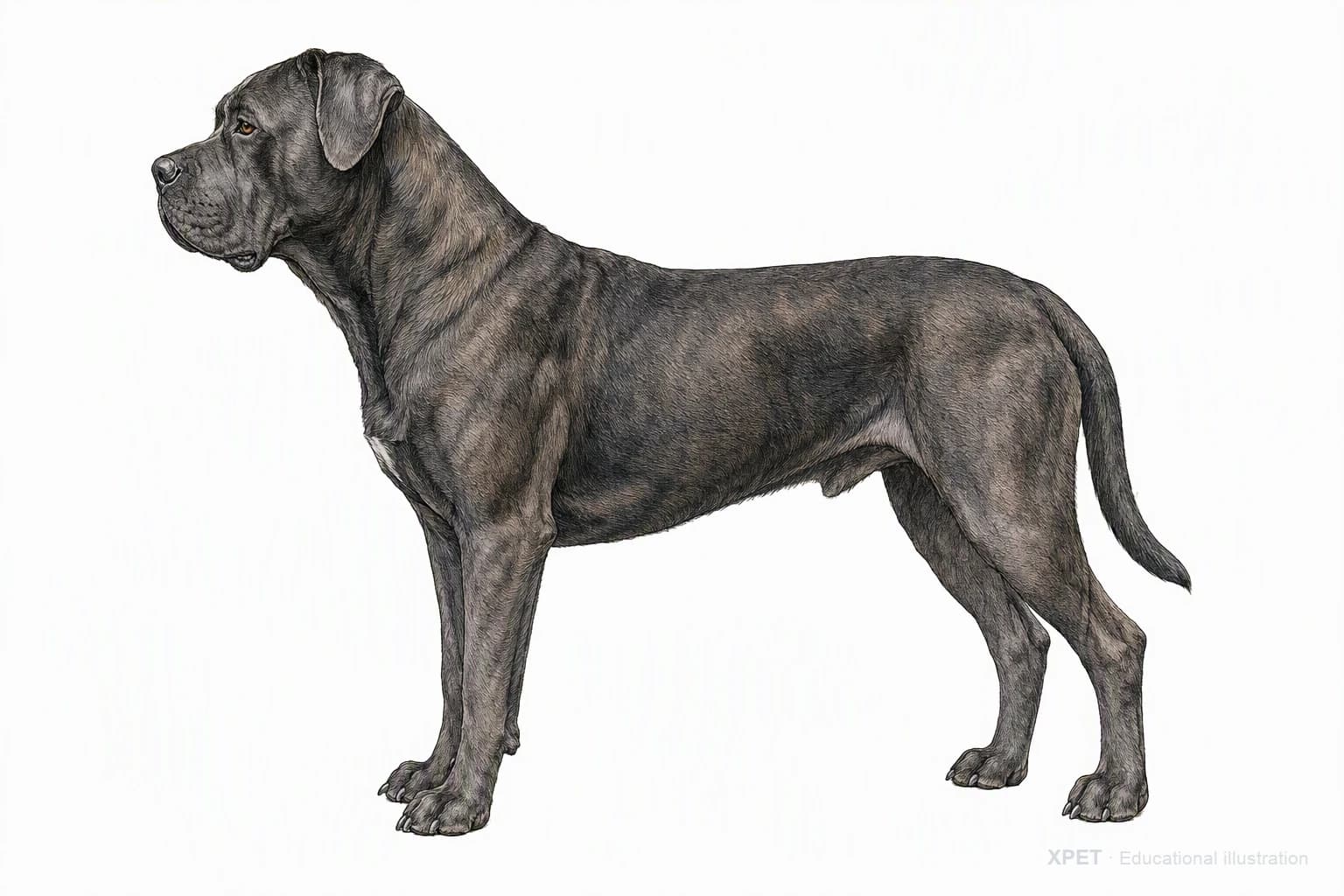 Original XPET engraving and watercolor illustration of Cane Corso: an adult in left-facing profile.