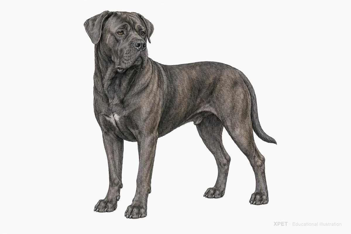 Original XPET engraving and watercolor illustration of Cane Corso: a complete three-quarter standing view.