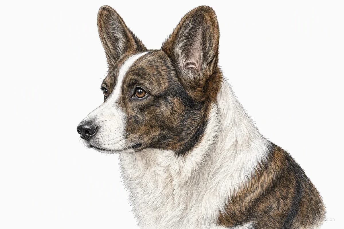 Original XPET engraving and watercolor illustration of Cardigan Welsh Corgi: a head and coat detail study.