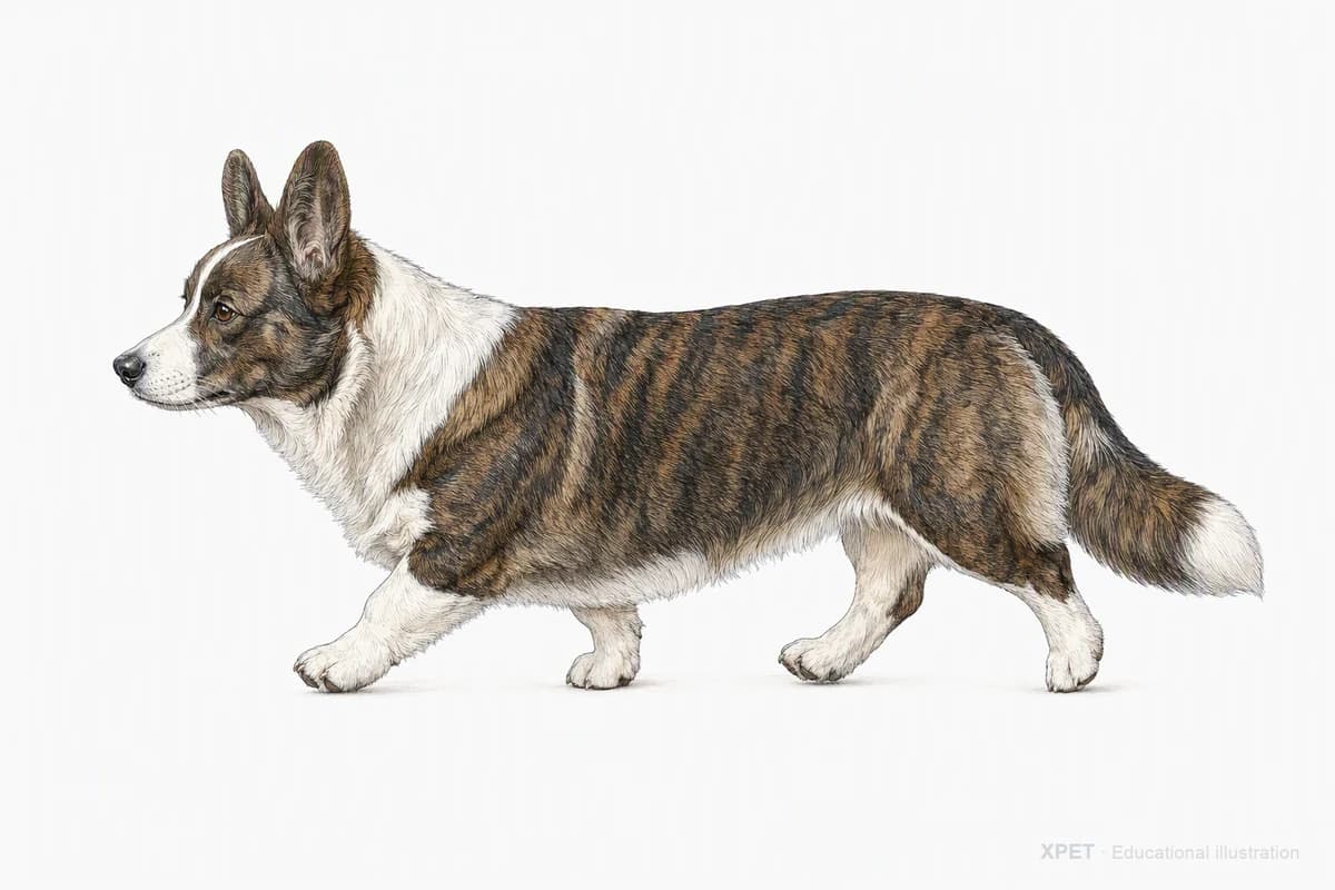 Original XPET engraving and watercolor illustration of Cardigan Welsh Corgi: a natural movement study.