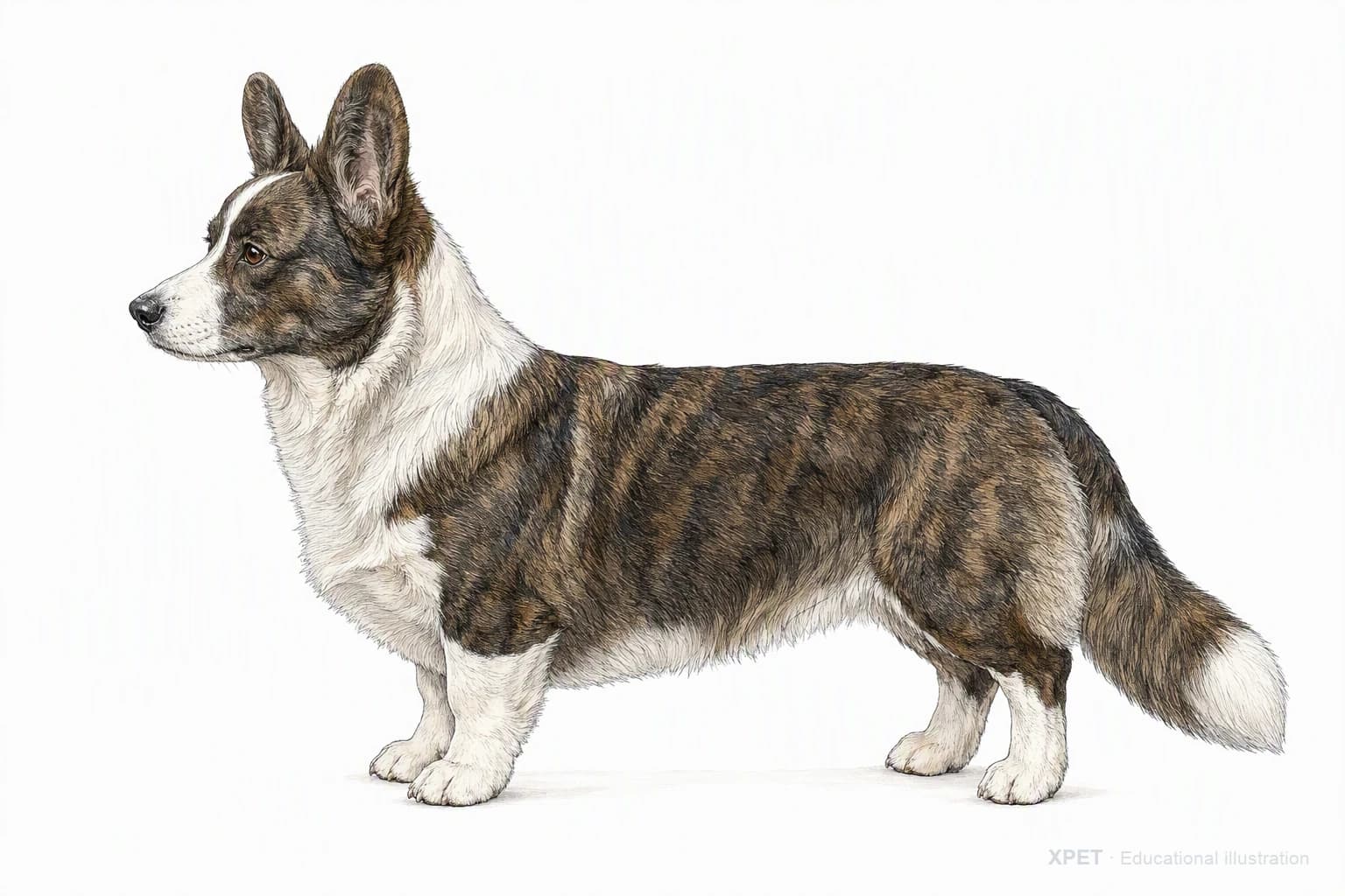 Original XPET engraving and watercolor illustration of Cardigan Welsh Corgi: an adult in left-facing profile.