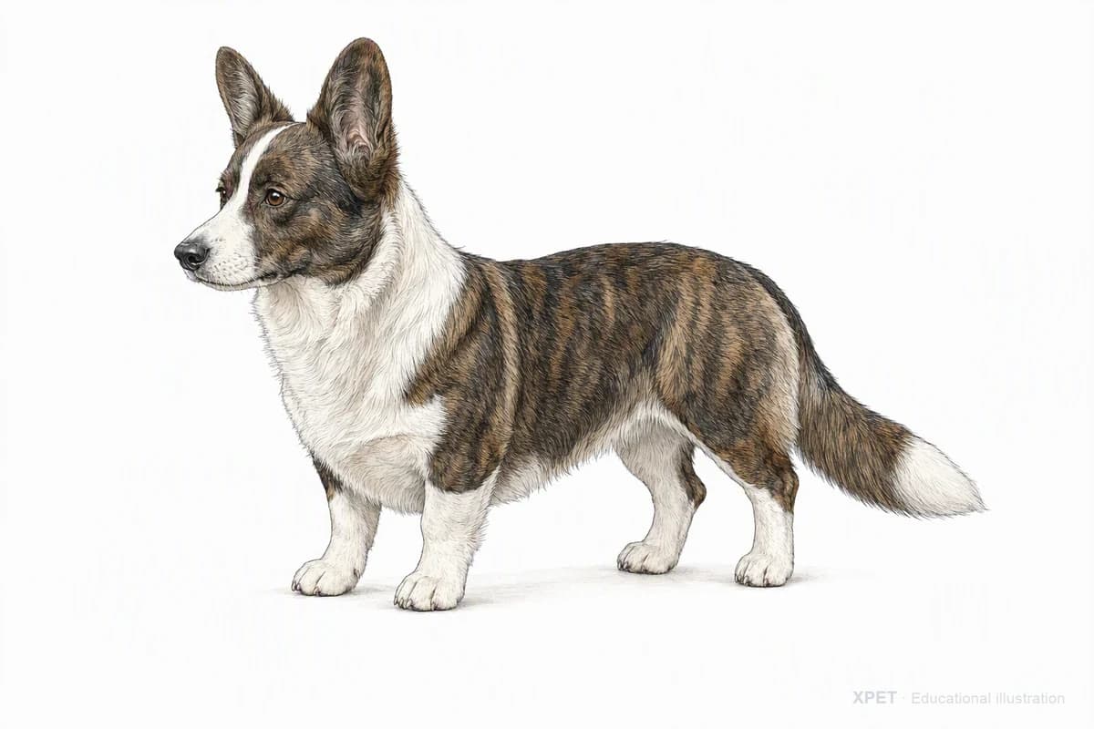 Original XPET engraving and watercolor illustration of Cardigan Welsh Corgi: a complete three-quarter standing view.