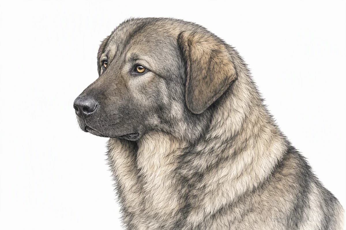 Original XPET engraving and watercolor illustration of Carpathian Shepherd Dog: a head and coat detail study.