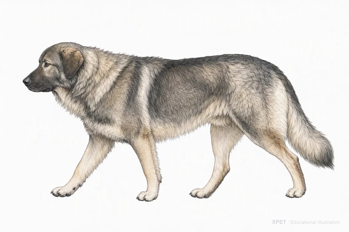 Original XPET engraving and watercolor illustration of Carpathian Shepherd Dog: a natural movement study.
