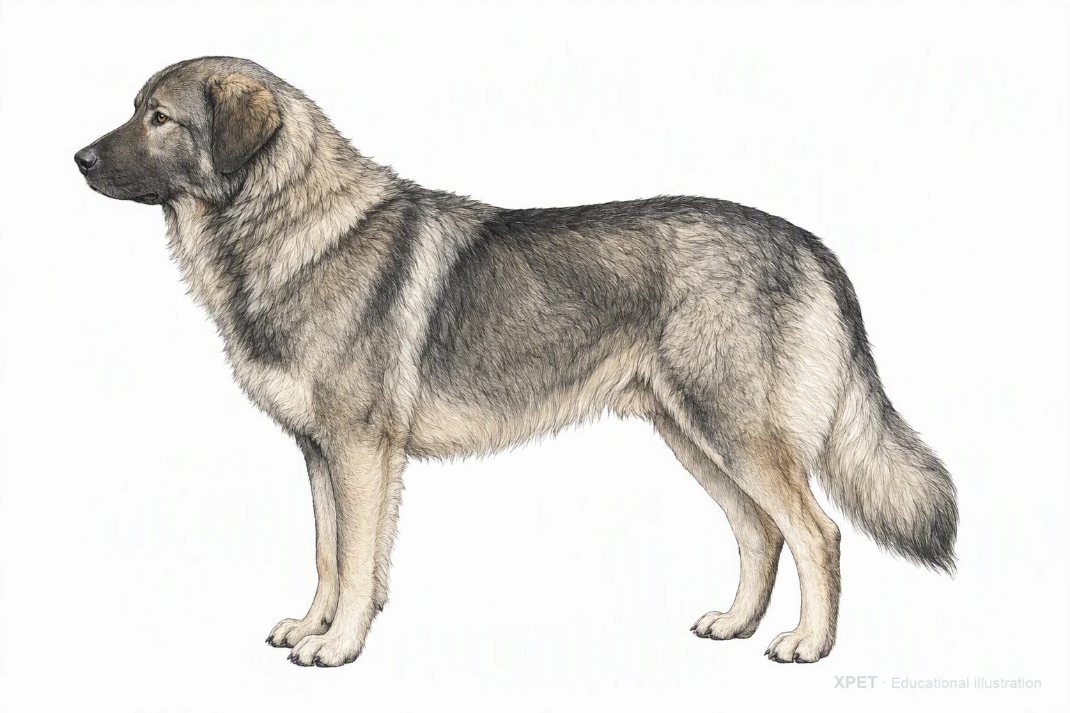 Original XPET engraving and watercolor illustration of Carpathian Shepherd Dog: an adult in left-facing profile.