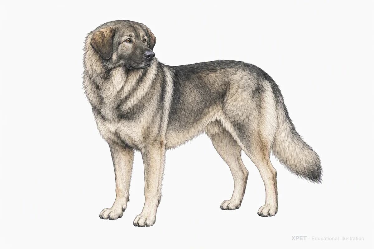 Original XPET engraving and watercolor illustration of Carpathian Shepherd Dog: a complete three-quarter standing view.