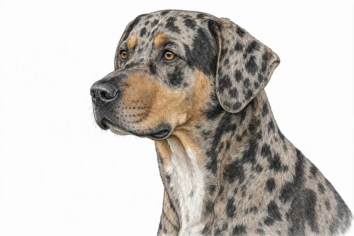 Original XPET engraving and watercolor illustration of Catahoula Leopard Dog: a head and coat detail study.