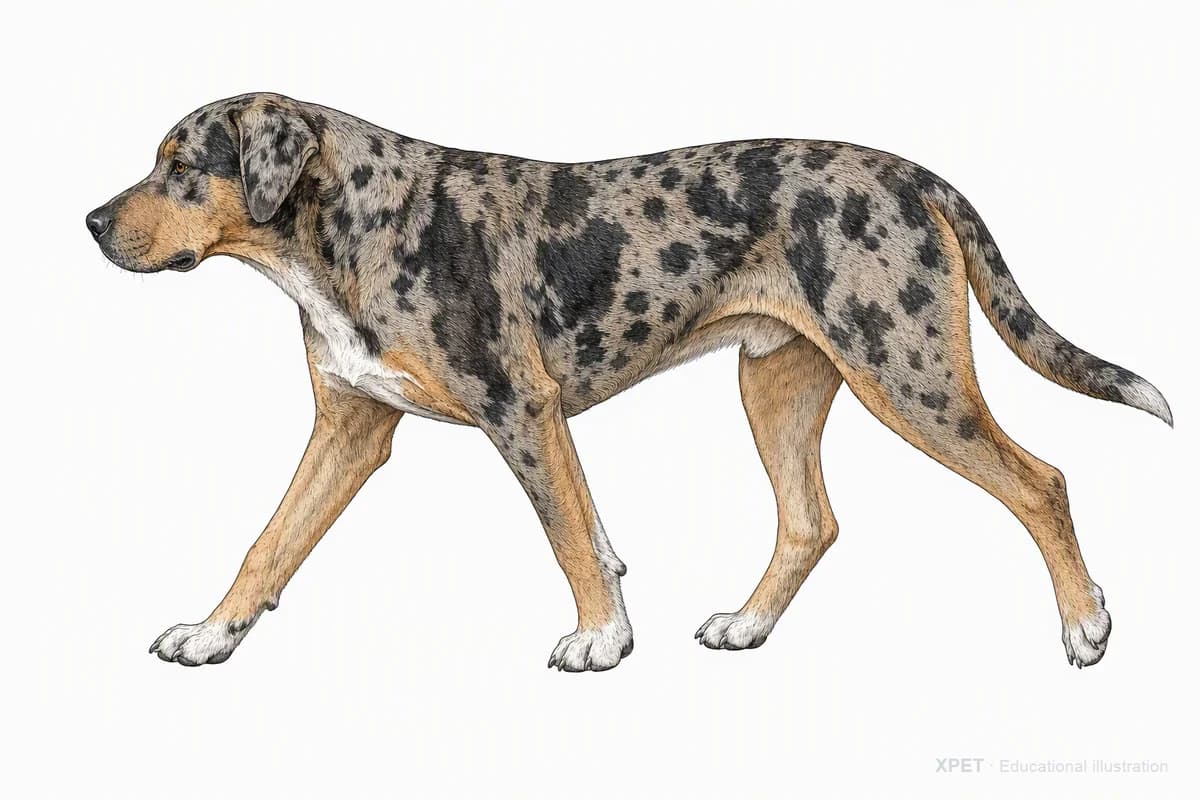 Original XPET engraving and watercolor illustration of Catahoula Leopard Dog: a natural movement study.