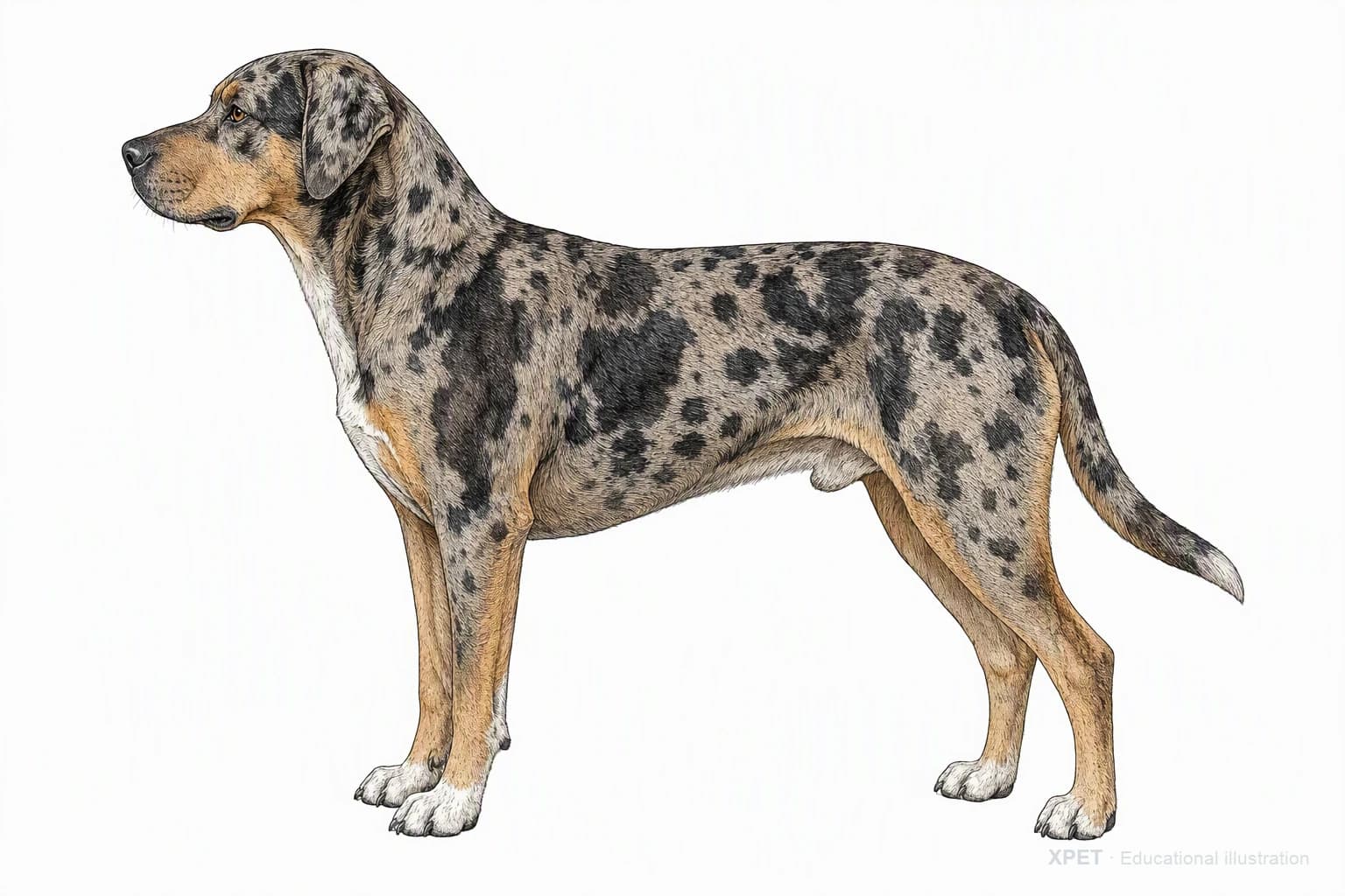 Original XPET engraving and watercolor illustration of Catahoula Leopard Dog: an adult in left-facing profile.