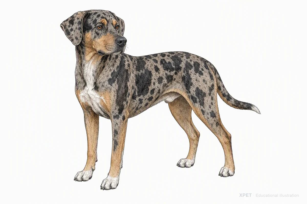 Original XPET engraving and watercolor illustration of Catahoula Leopard Dog: a complete three-quarter standing view.