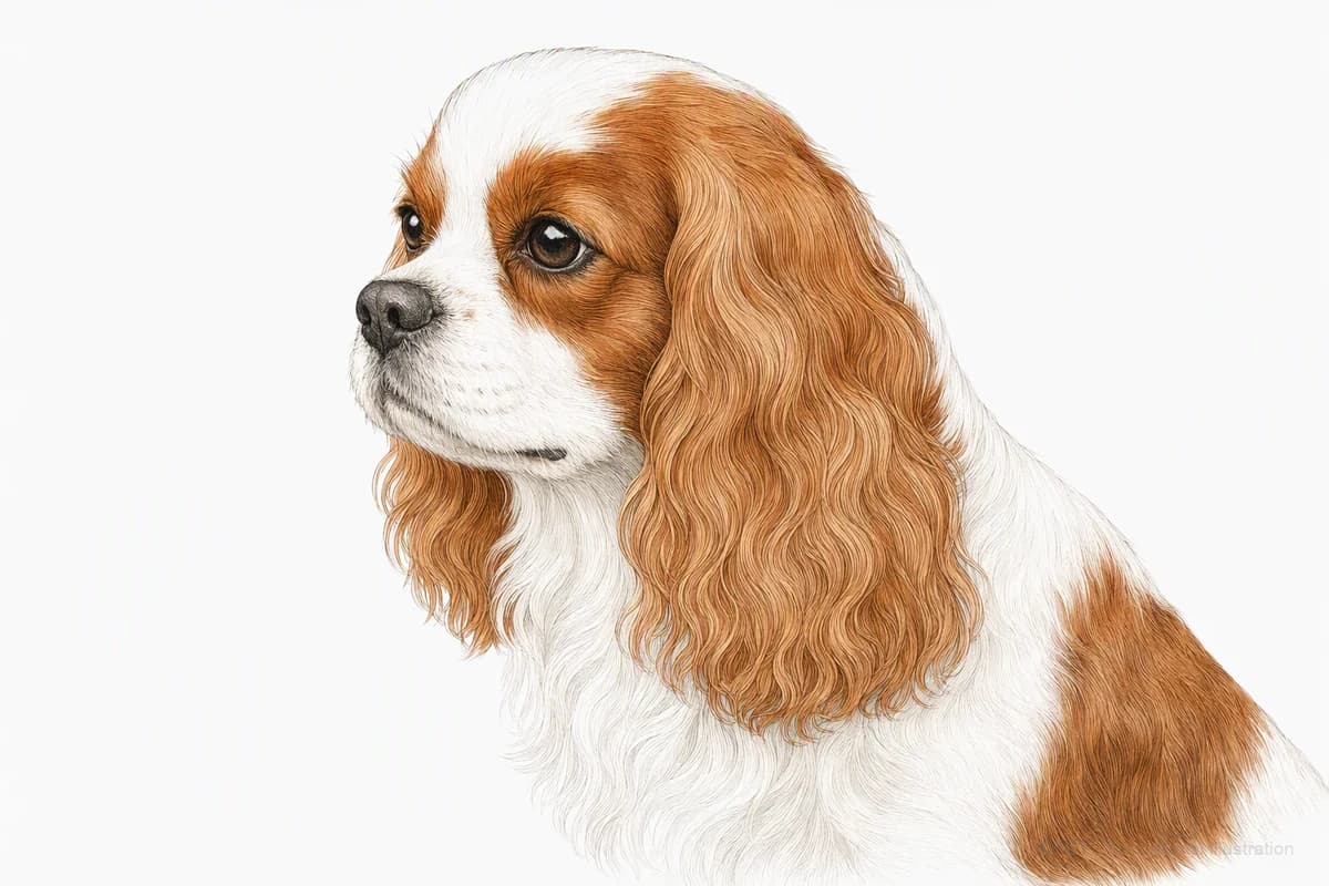 Original XPET engraving and watercolor illustration of Cavalier King Charles Spaniel: a head and coat detail study.