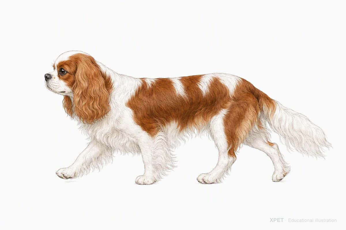 Original XPET engraving and watercolor illustration of Cavalier King Charles Spaniel: a natural movement study.
