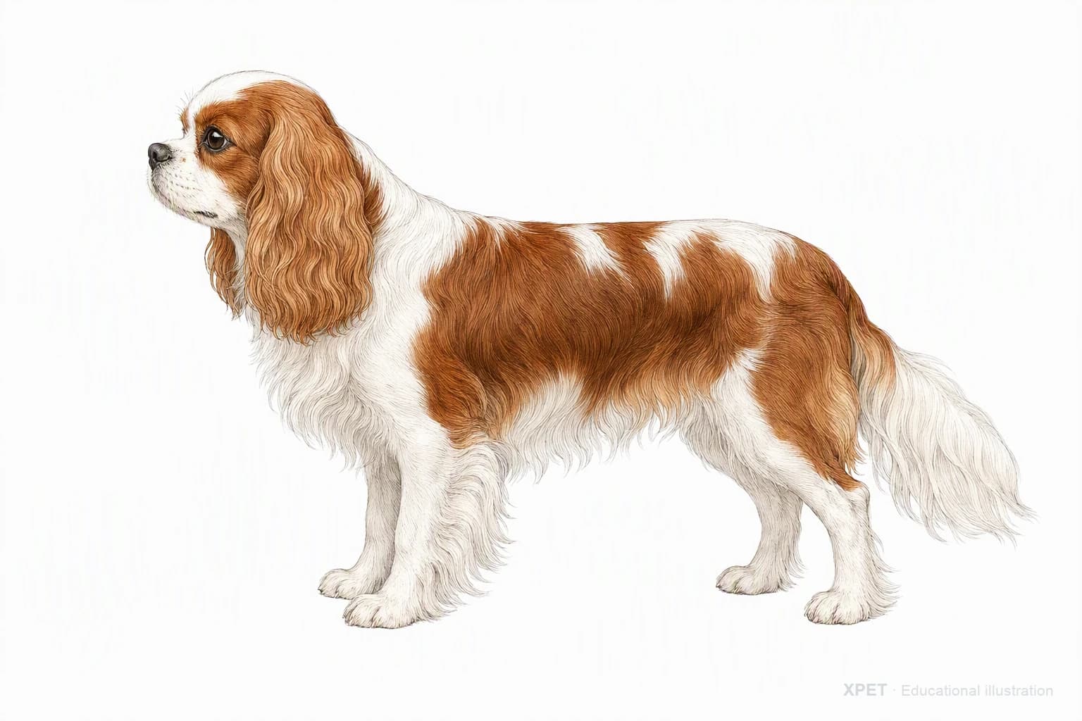 Original XPET engraving and watercolor illustration of Cavalier King Charles Spaniel: an adult in left-facing profile.