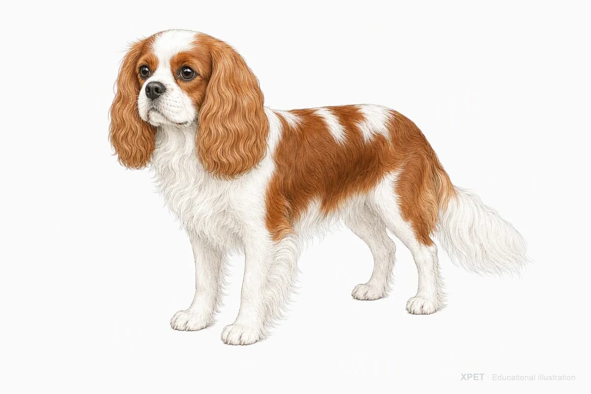 Original XPET engraving and watercolor illustration of Cavalier King Charles Spaniel: a complete three-quarter standing view.
