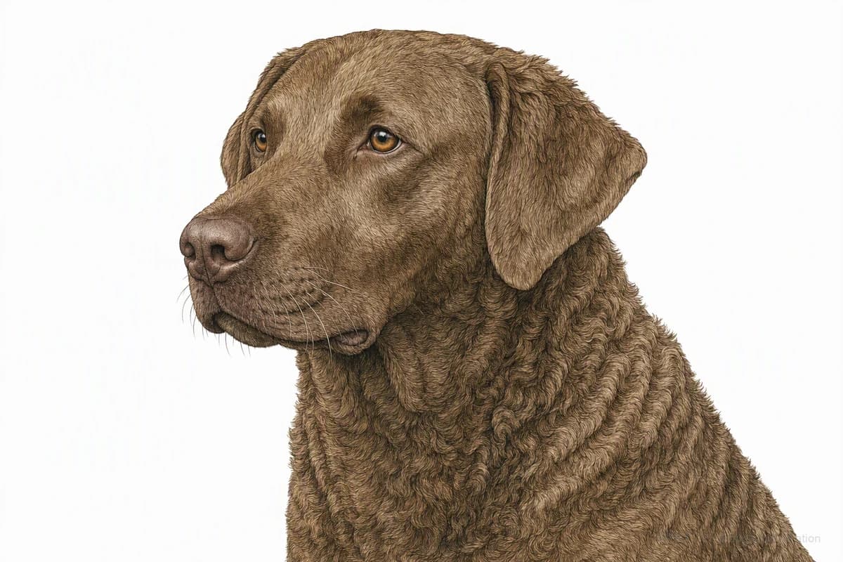 Original XPET engraving and watercolor illustration of Chesapeake Bay Retriever: a head and coat detail study.
