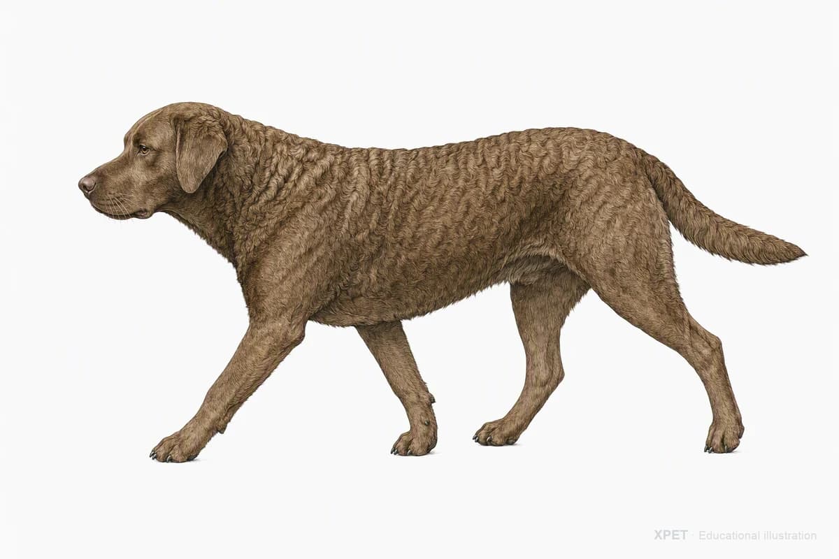 Original XPET engraving and watercolor illustration of Chesapeake Bay Retriever: a natural movement study.