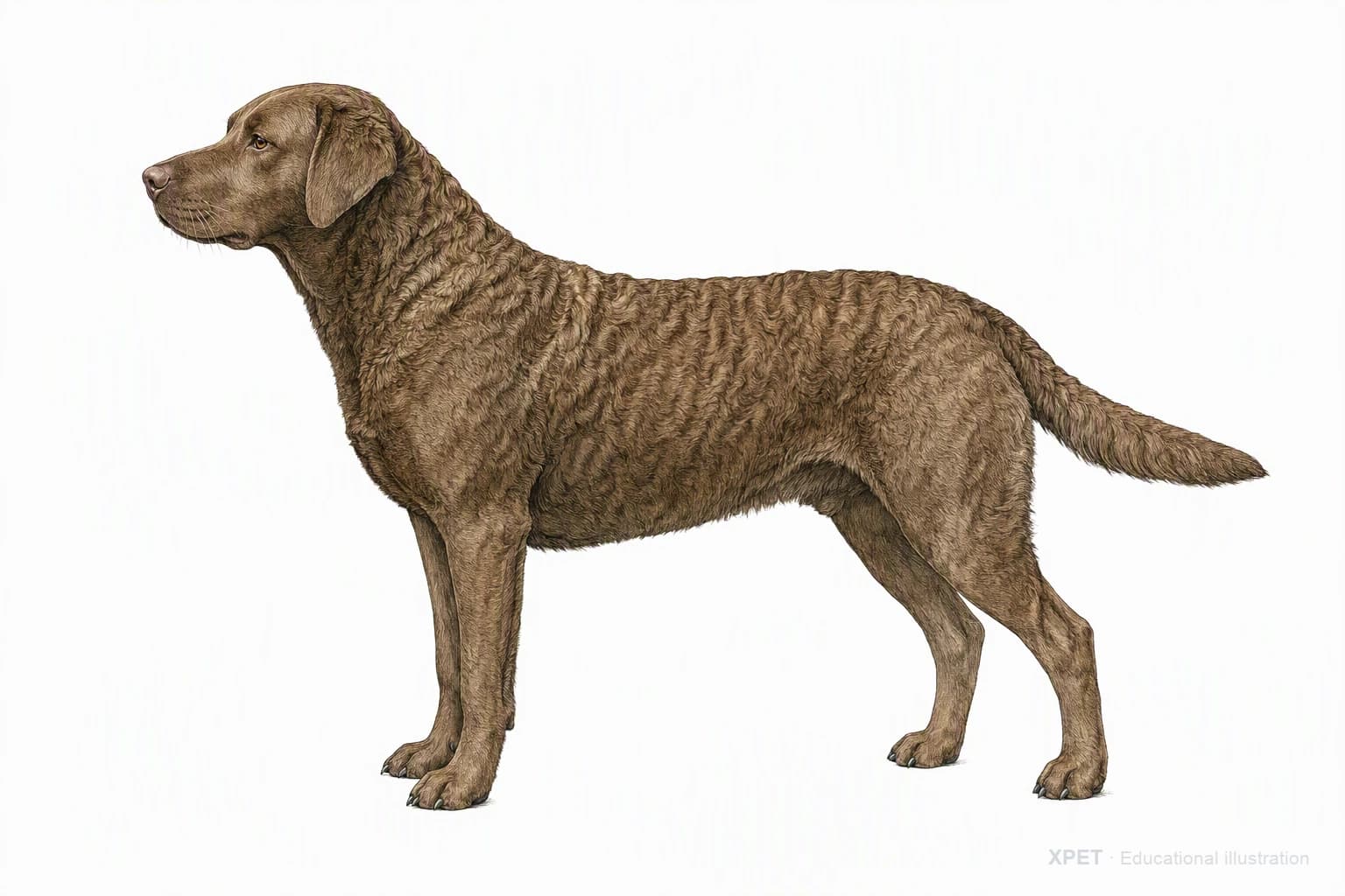 Original XPET engraving and watercolor illustration of Chesapeake Bay Retriever: an adult in left-facing profile.