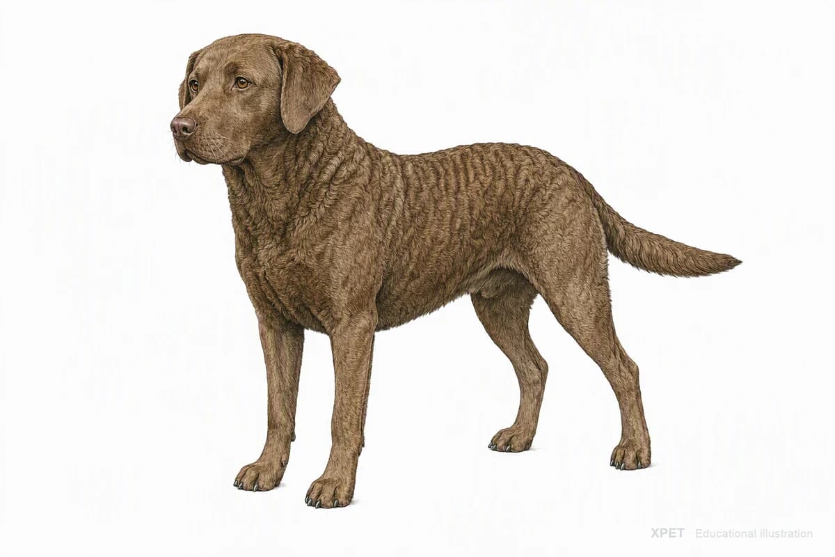 Original XPET engraving and watercolor illustration of Chesapeake Bay Retriever: a complete three-quarter standing view.