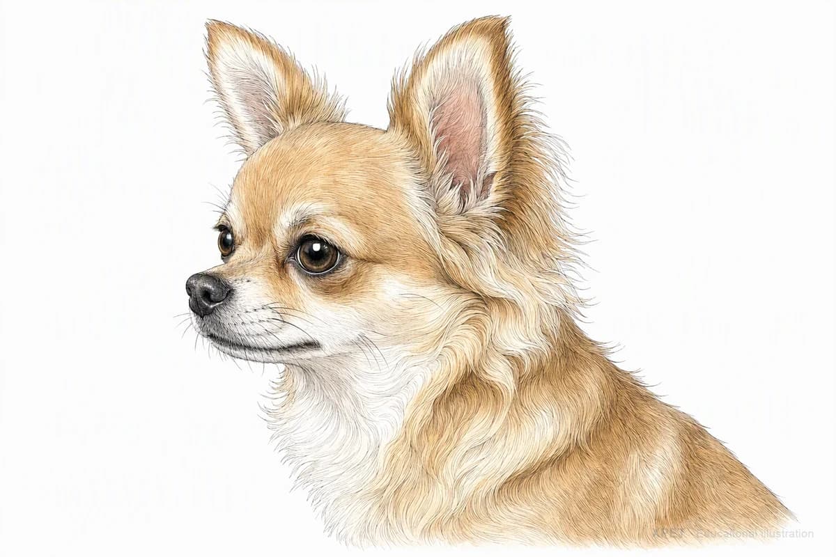 Original XPET engraving and watercolor illustration of Chihuahua: a head and coat detail study.