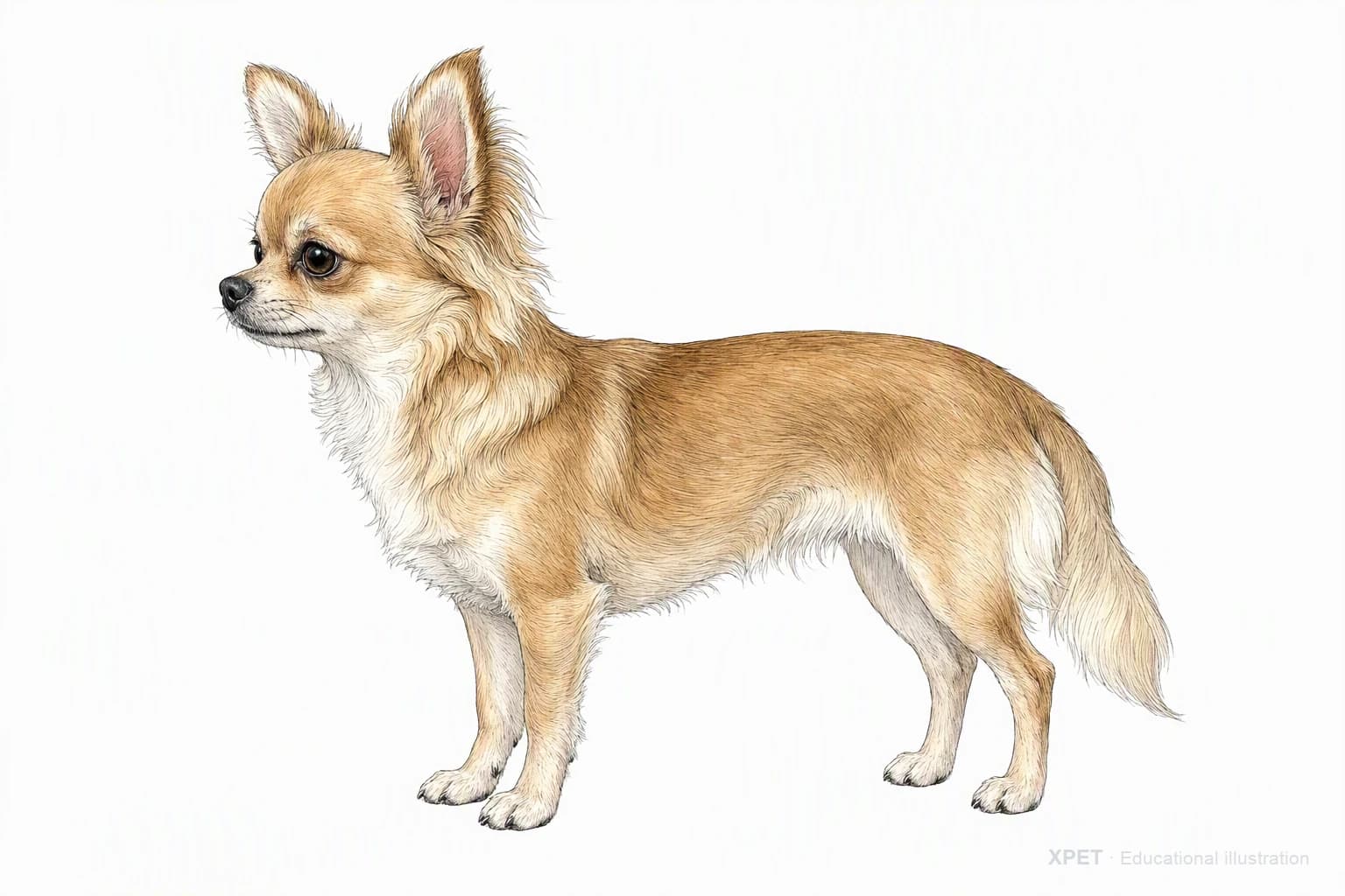 Original XPET engraving and watercolor illustration of Chihuahua: an adult in left-facing profile.