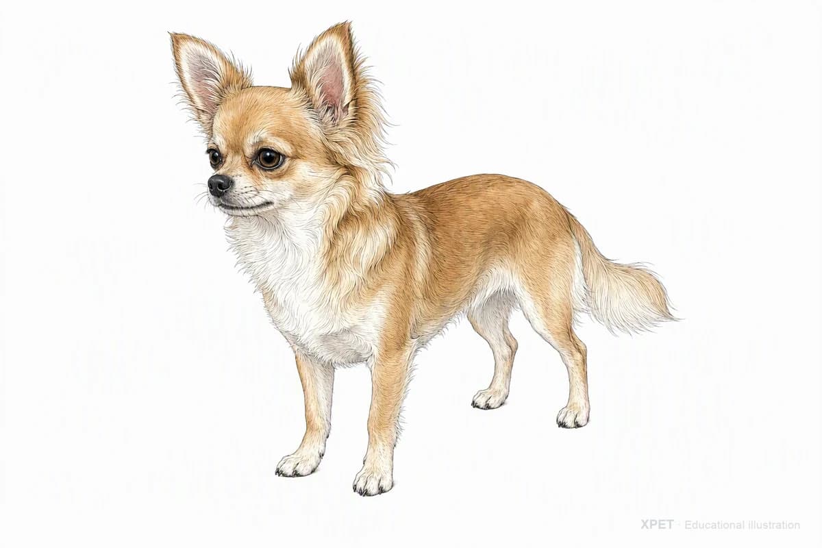 Original XPET engraving and watercolor illustration of Chihuahua: a complete three-quarter standing view.