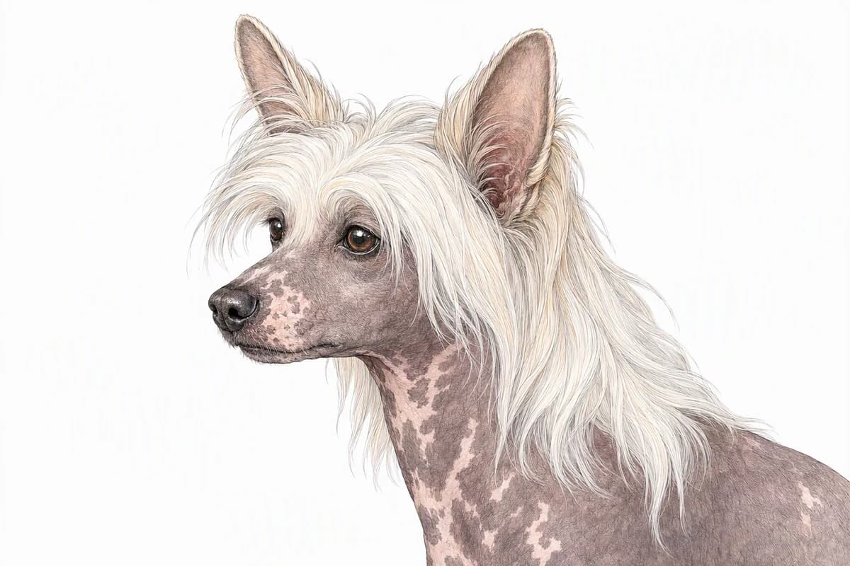 Original XPET engraving and watercolor illustration of Chinese Crested: a head and coat detail study.