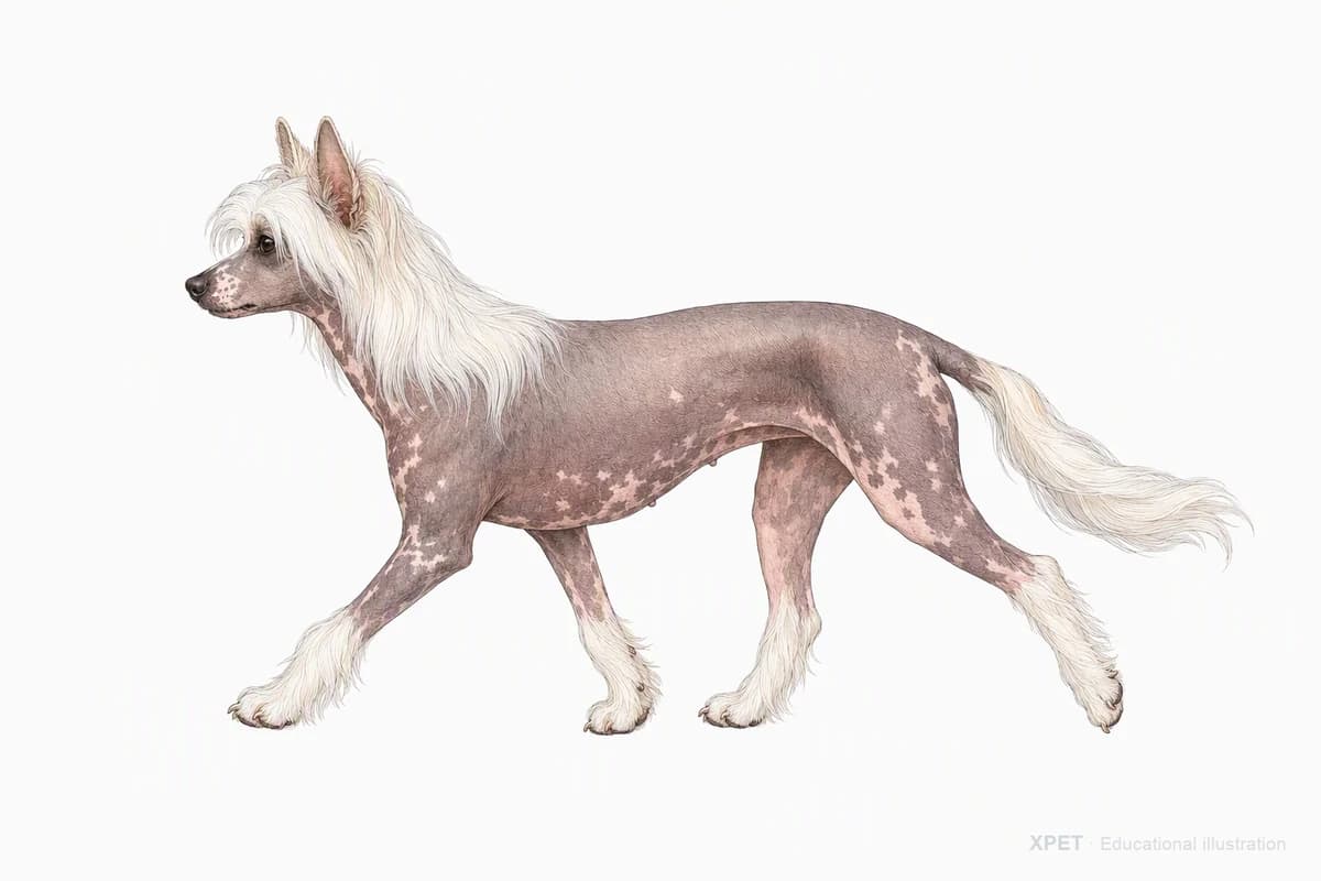 Original XPET engraving and watercolor illustration of Chinese Crested: a natural movement study.