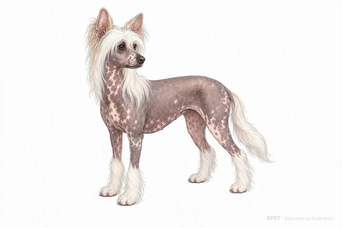Original XPET engraving and watercolor illustration of Chinese Crested: a complete three-quarter standing view.