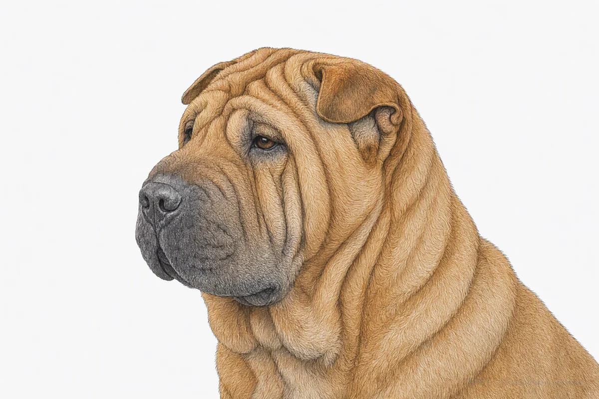 Original XPET engraving and watercolor illustration of Chinese Shar-Pei: a head and coat detail study.