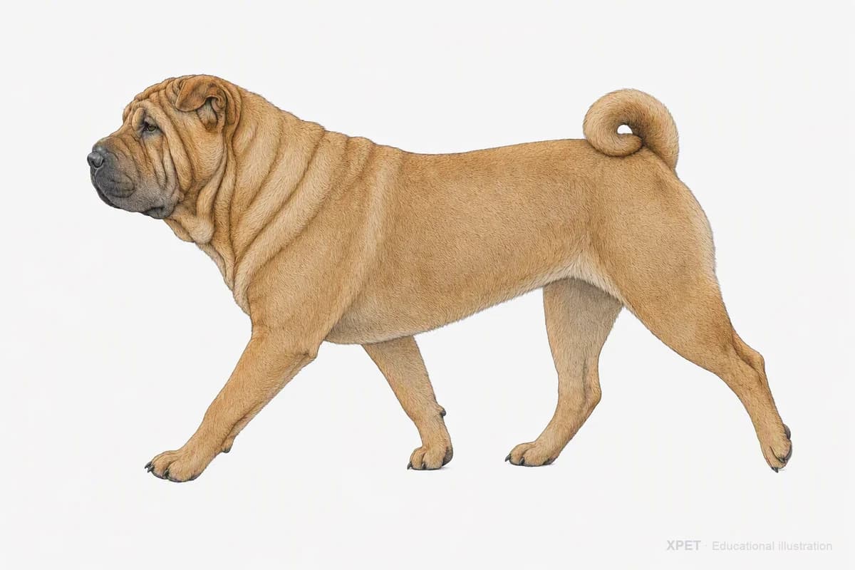 Original XPET engraving and watercolor illustration of Chinese Shar-Pei: a natural movement study.