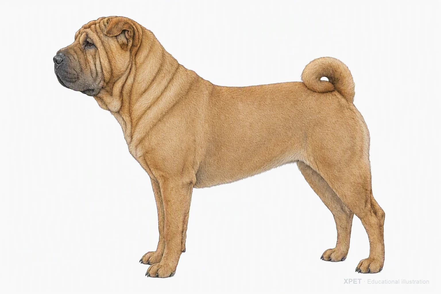 Original XPET engraving and watercolor illustration of Chinese Shar-Pei: an adult in left-facing profile.