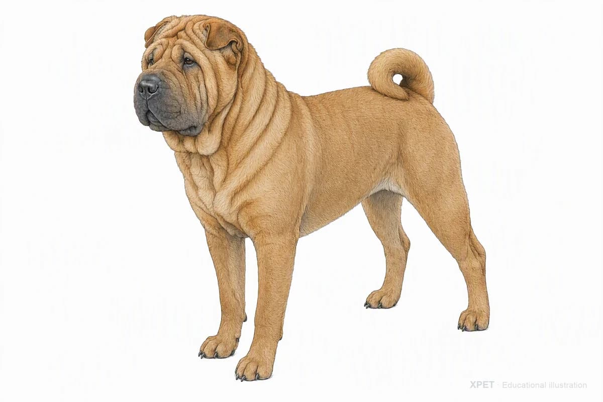 Original XPET engraving and watercolor illustration of Chinese Shar-Pei: a complete three-quarter standing view.
