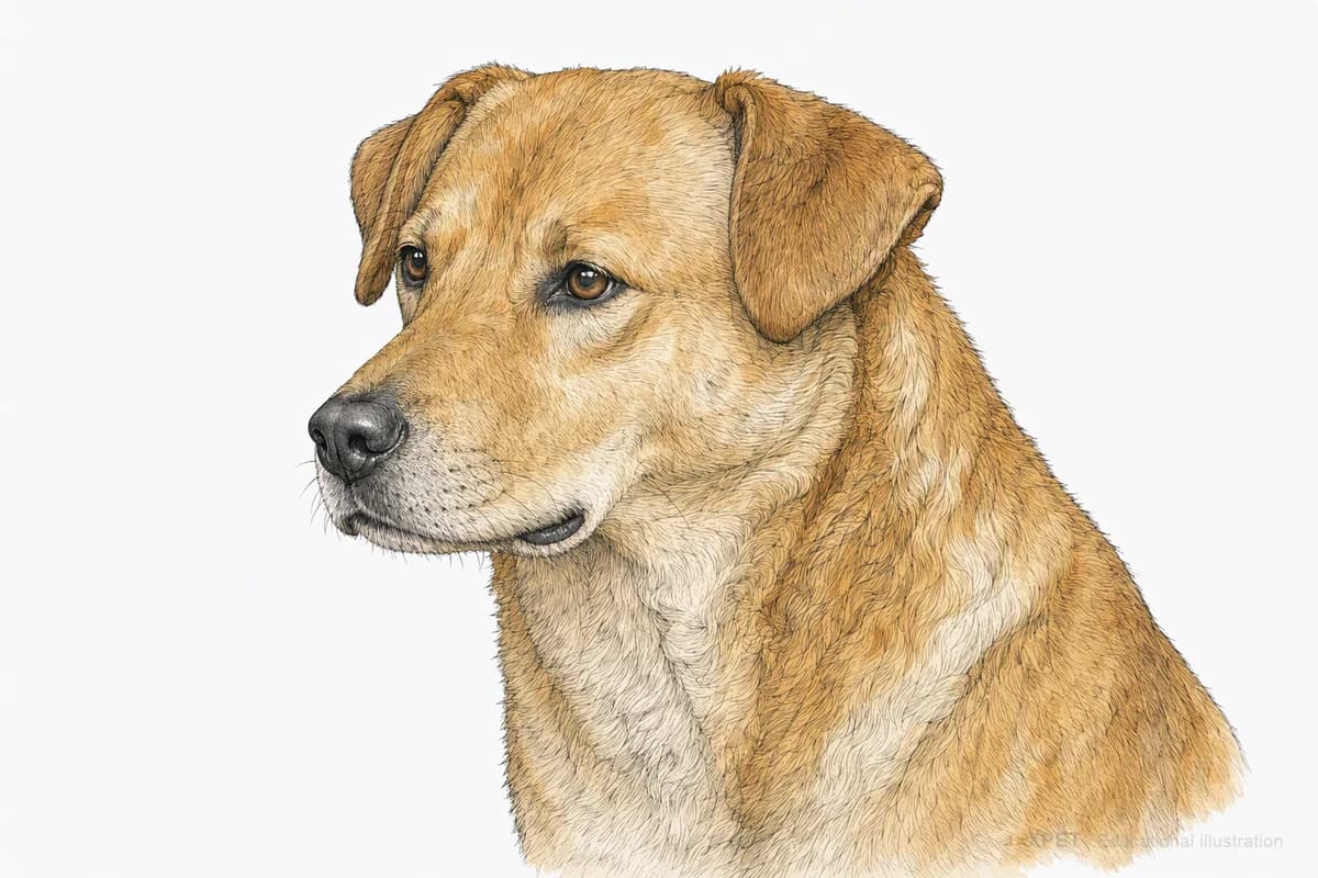 Original XPET engraving and watercolor illustration of Chinook: a head and coat detail study.