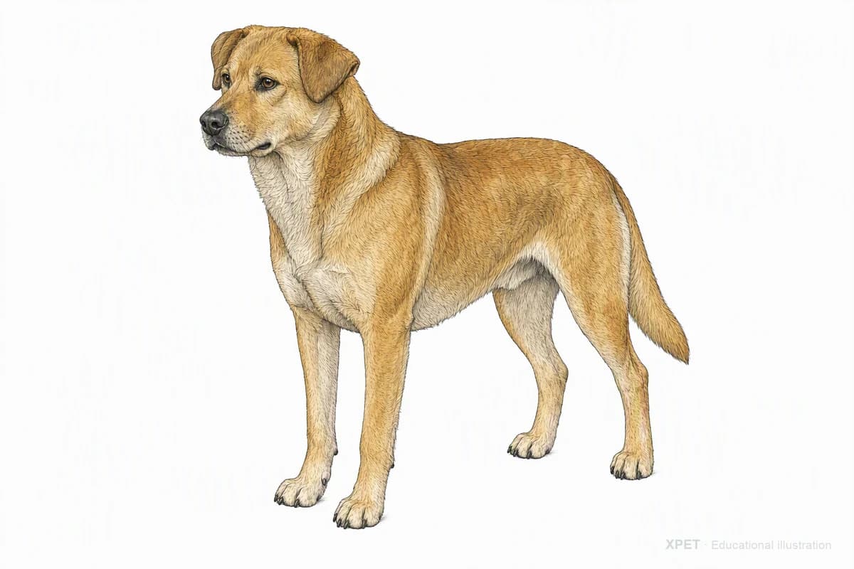 Original XPET engraving and watercolor illustration of Chinook: a complete three-quarter standing view.