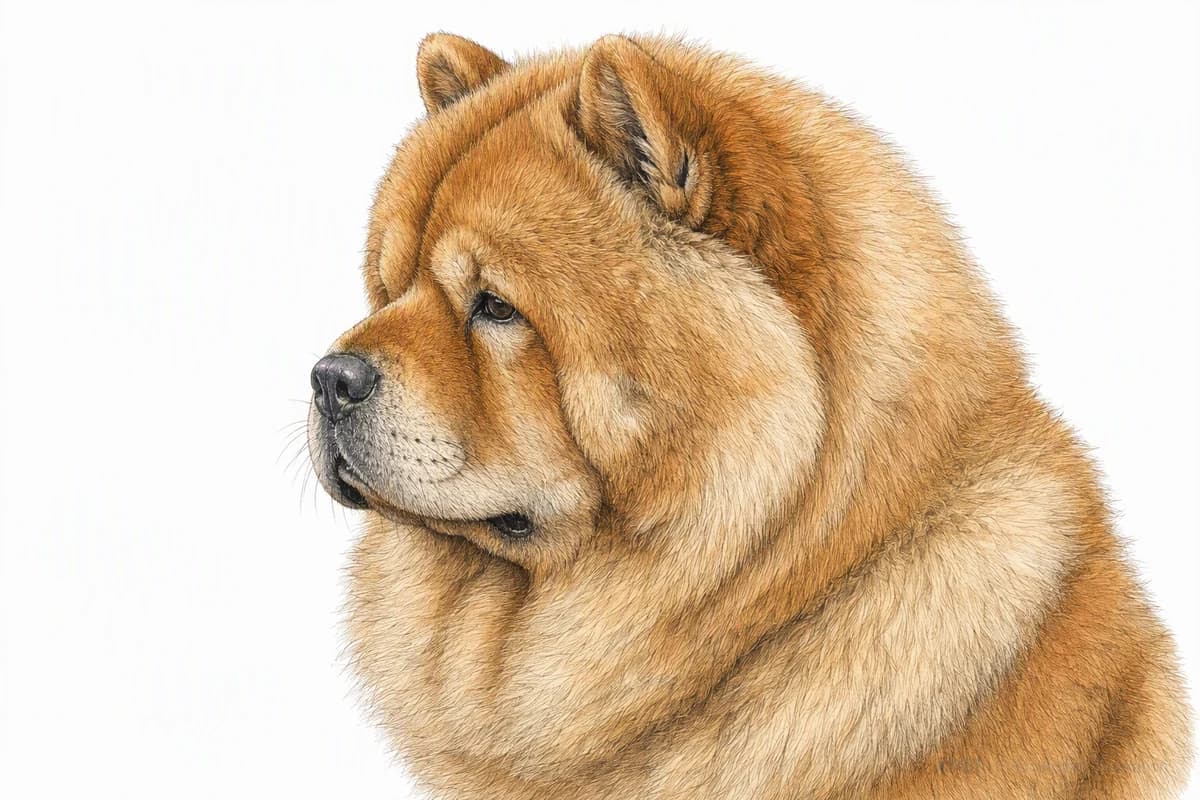 Original XPET engraving and watercolor illustration of Chow Chow: a head and coat detail study.