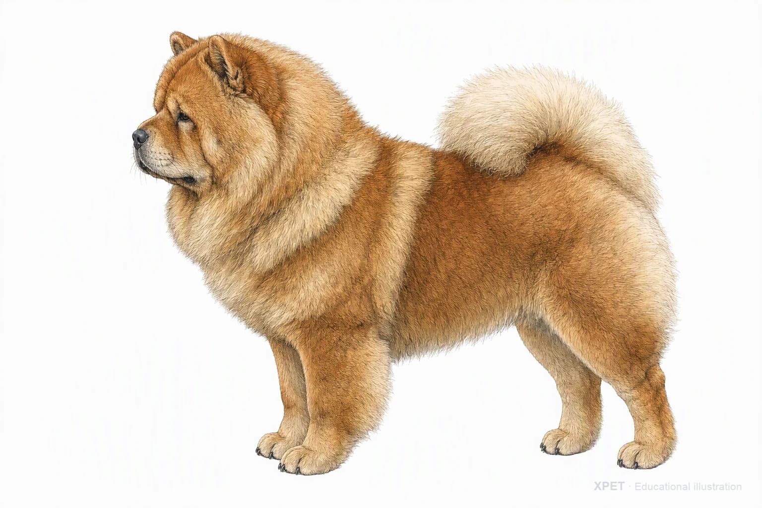 Original XPET engraving and watercolor illustration of Chow Chow: an adult in left-facing profile.