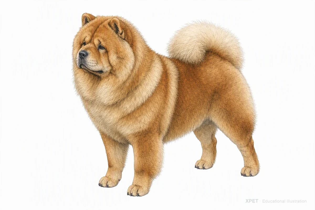Original XPET engraving and watercolor illustration of Chow Chow: a complete three-quarter standing view.