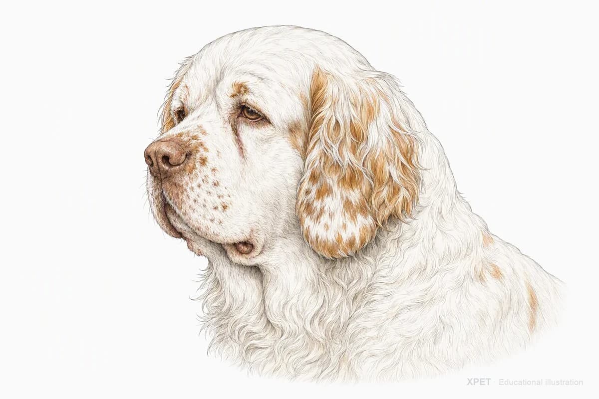 Original XPET engraving and watercolor illustration of Clumber Spaniel: a head and coat detail study.