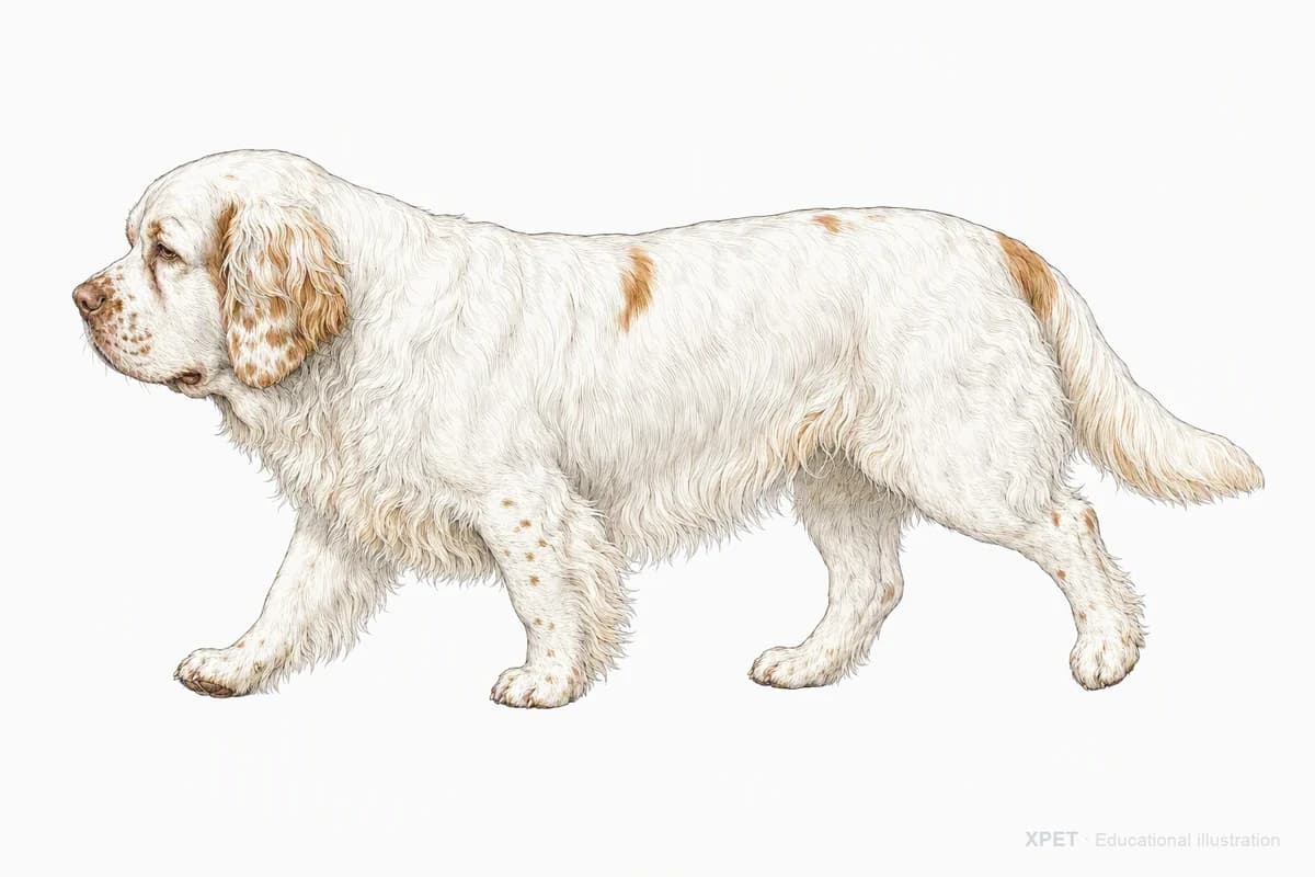 Original XPET engraving and watercolor illustration of Clumber Spaniel: a natural movement study.
