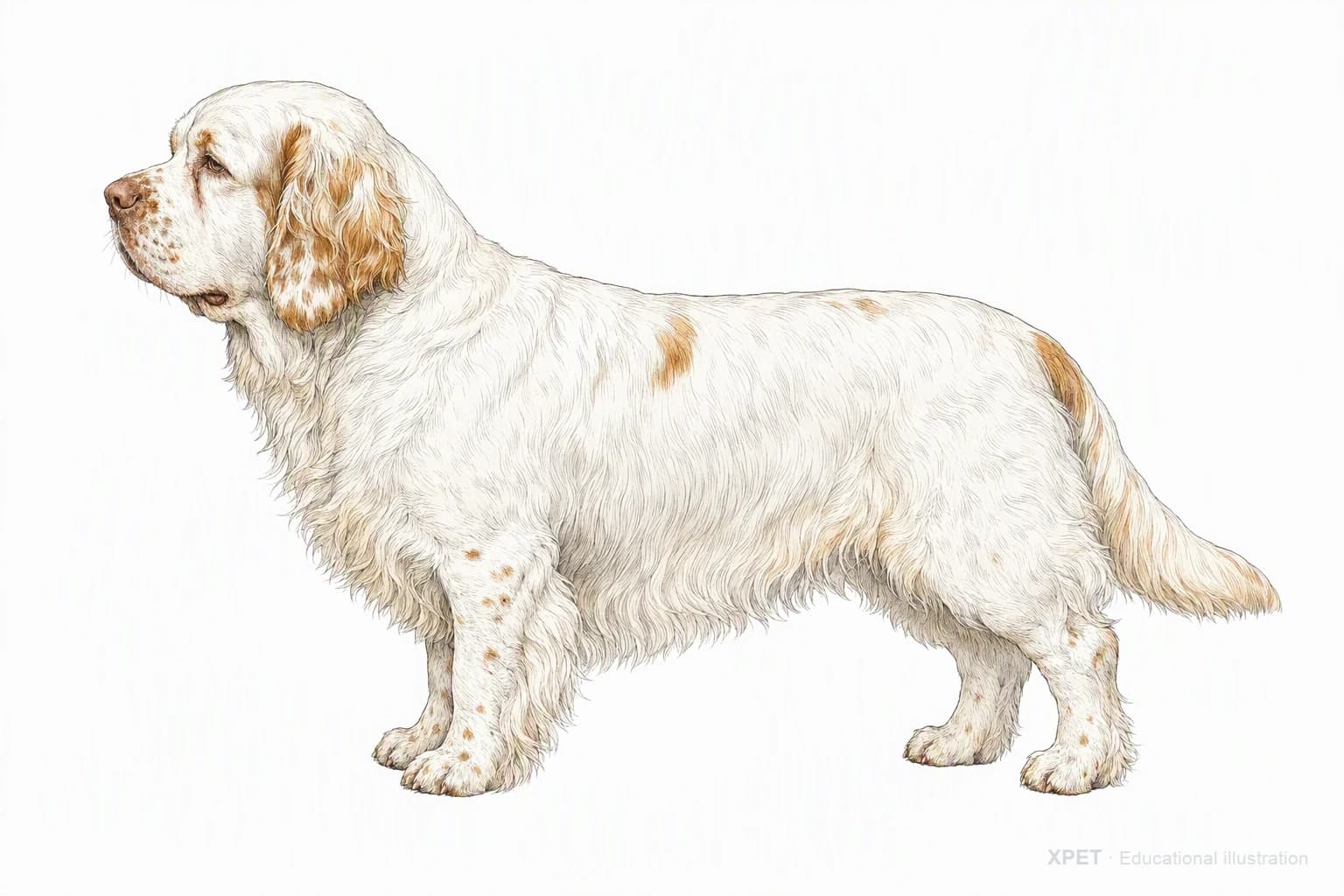 Original XPET engraving and watercolor illustration of Clumber Spaniel: an adult in left-facing profile.