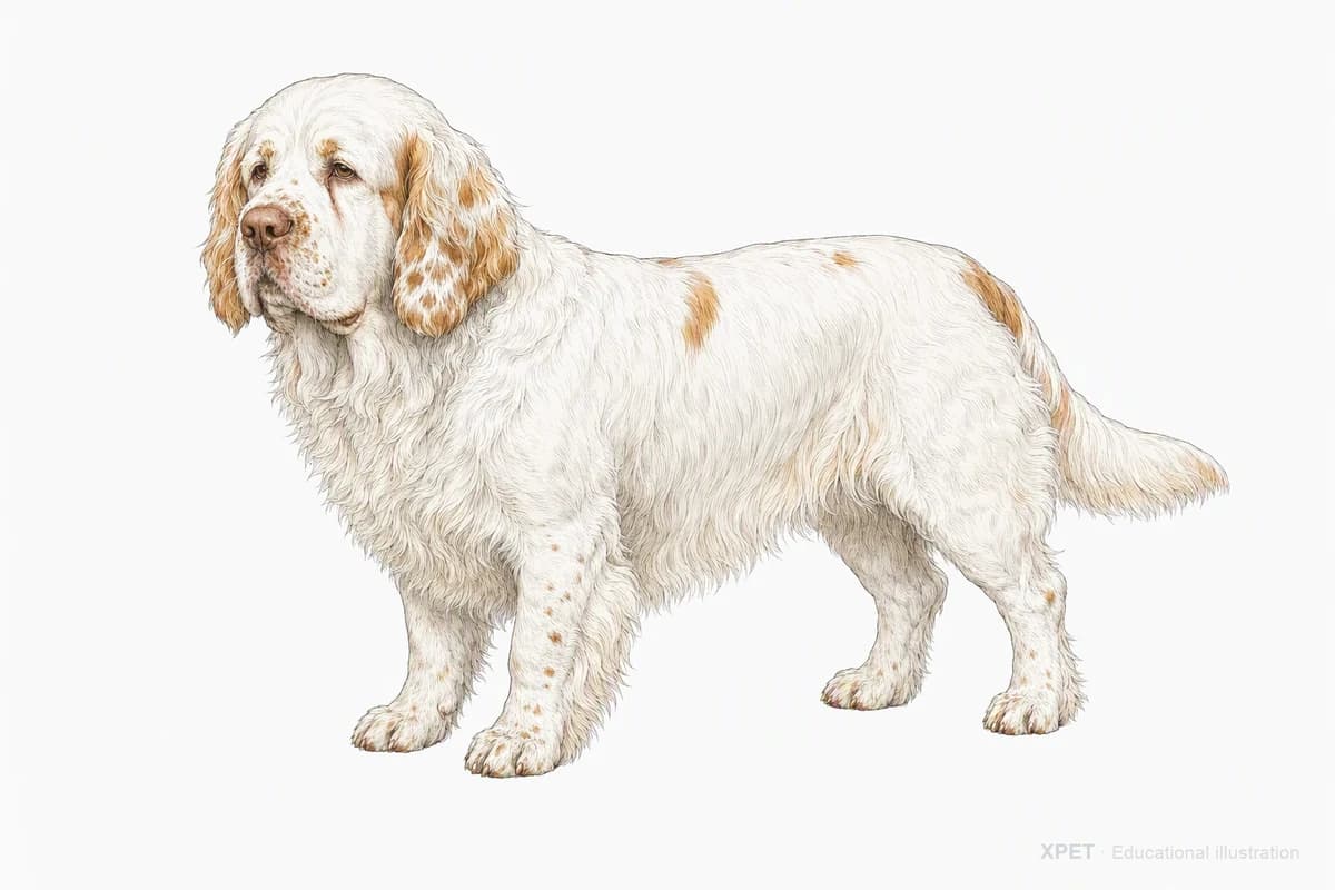Original XPET engraving and watercolor illustration of Clumber Spaniel: a complete three-quarter standing view.
