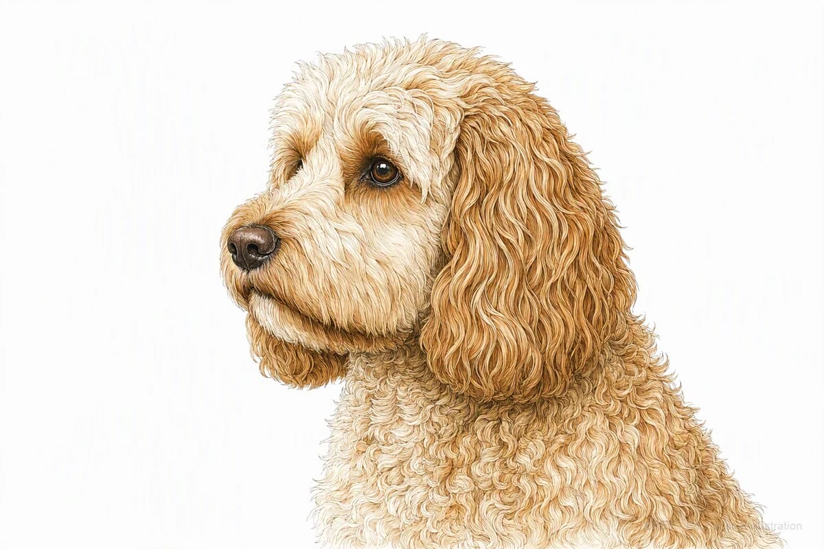 Original XPET engraving and watercolor illustration of Cockapoo: a head and coat detail study.