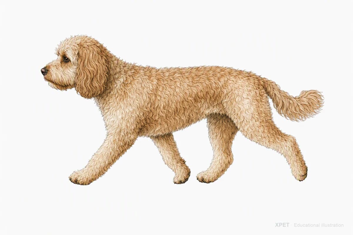Original XPET engraving and watercolor illustration of Cockapoo: a natural movement study.