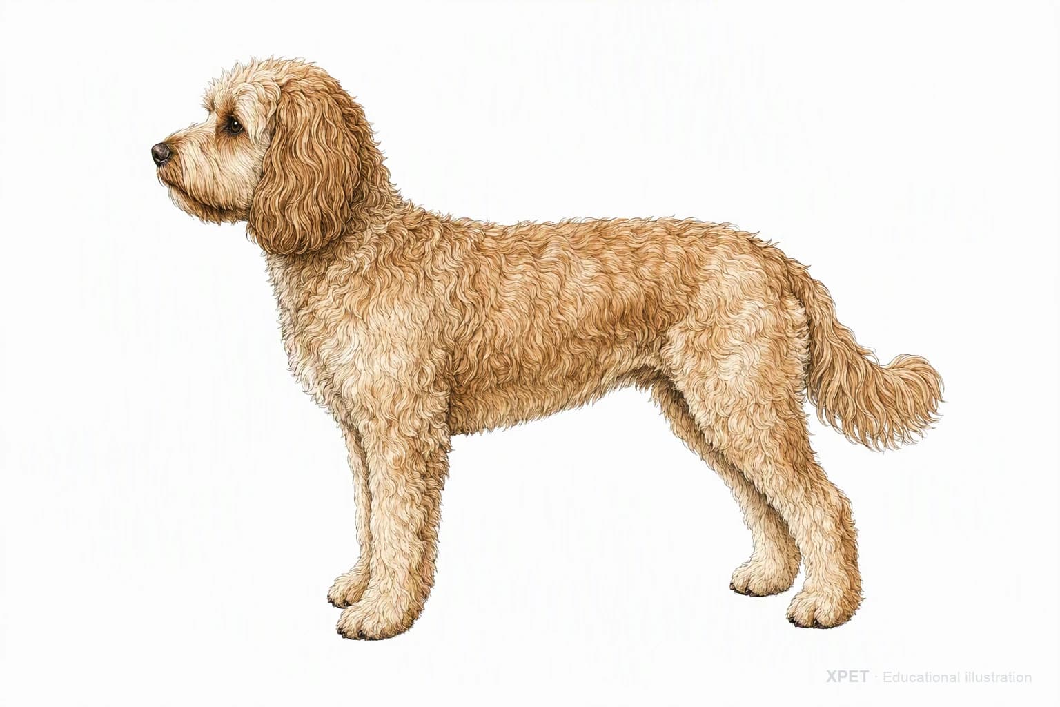 Original XPET engraving and watercolor illustration of Cockapoo: an adult in left-facing profile.