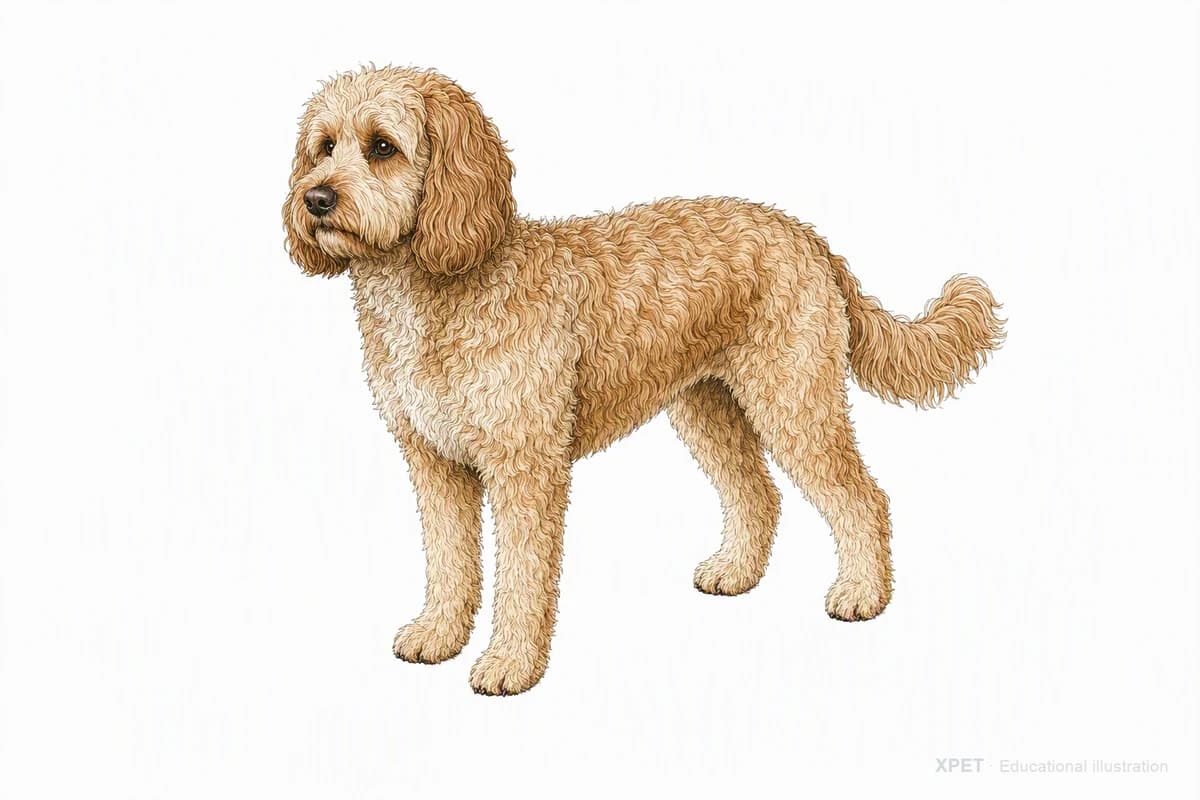 Original XPET engraving and watercolor illustration of Cockapoo: a complete three-quarter standing view.