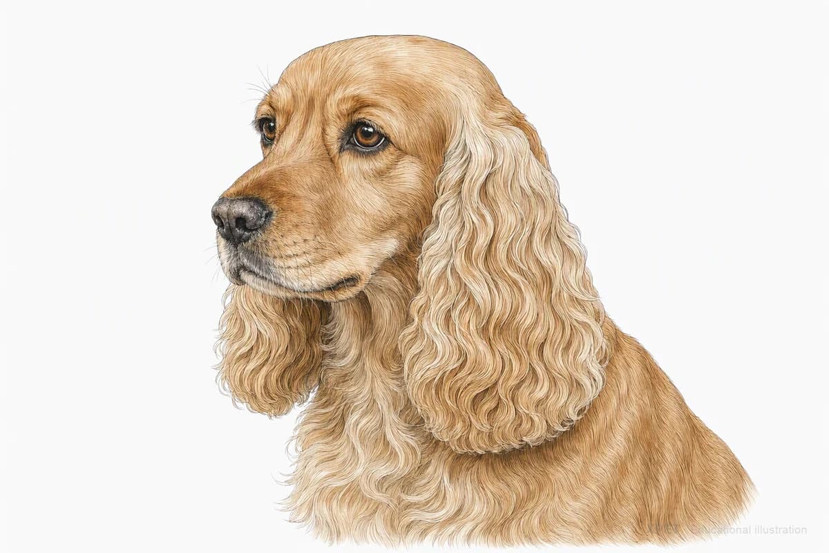 Original XPET engraving and watercolor illustration of Cocker Spaniel: a head and coat detail study.