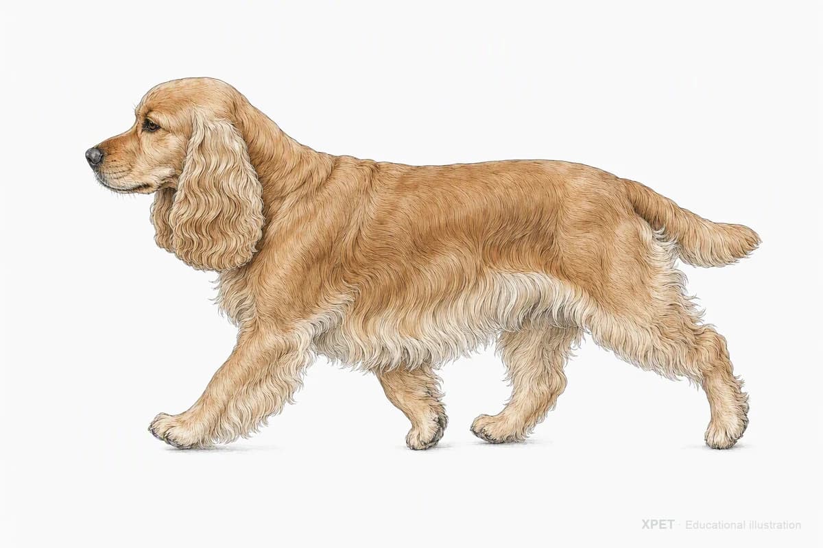 Original XPET engraving and watercolor illustration of Cocker Spaniel: a natural movement study.